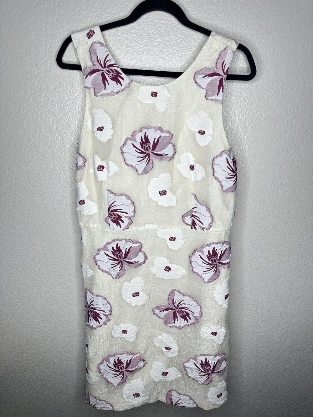 Ann Taylor Dress Womens 14 Ivory Purple Floral Jacquard Sleeveless Sheath Lined
